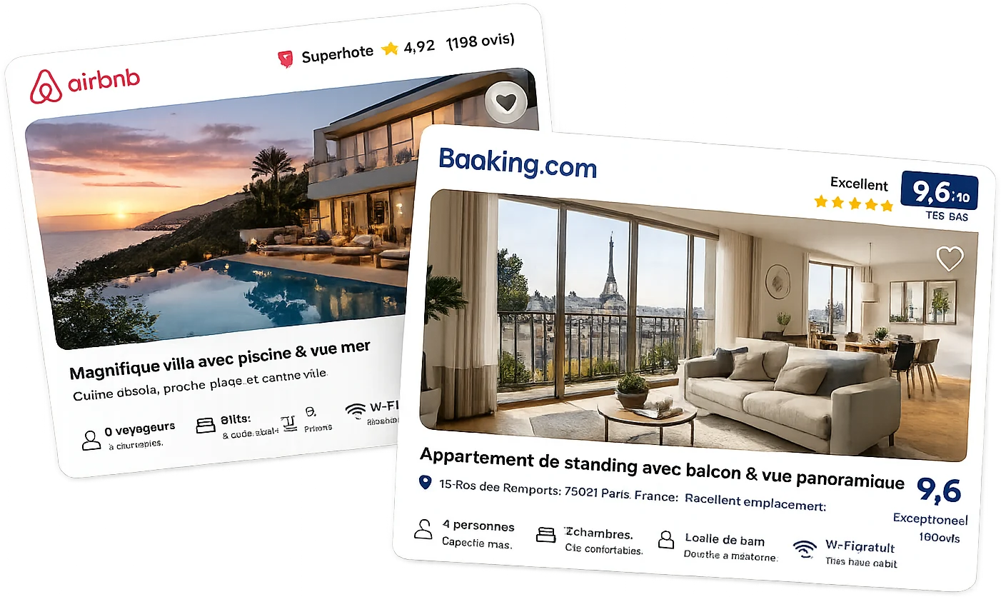 Deux annonces de location illustrées, l'une sur Airbnb, l'autre sur Booking.com